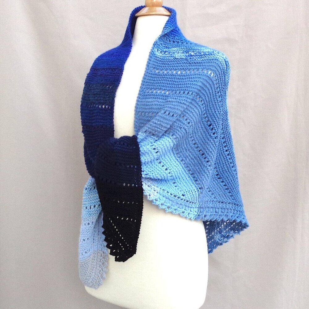 Blue Gradient Shawl Wrap Hand Knit Lace Ombre Stripes Cotton Alpaca Wool SOFT